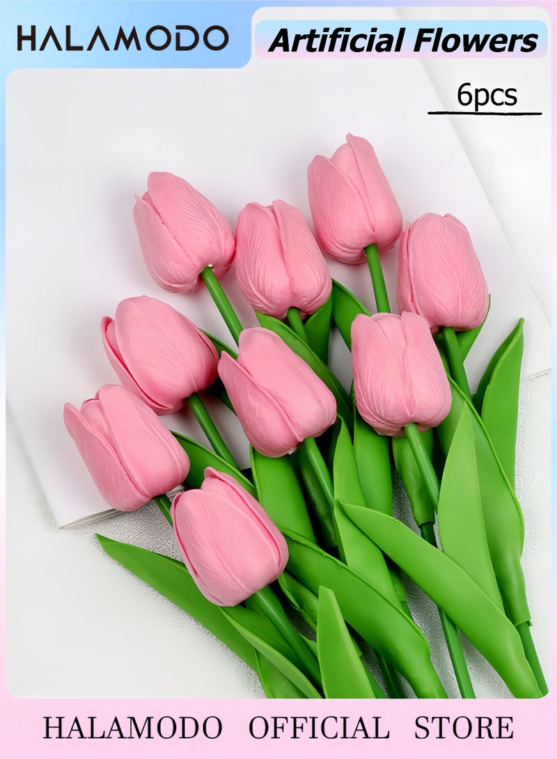 ٦ قطع من زهور التوليب الاصطناعية، زهور توليب صناعية بملمس طبيعي، باقة زهور حريرية صناعية للربيع، مثالية لتزيين المنزل والمطبخ وحفلات الزفاف وعيد الحب وهدايا الأمهات.